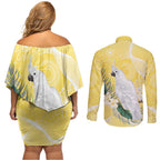 Australia Cacatua Galerita Couples Matching Off Shoulder Short Dress and Long Sleeve Button Shirt Sulphur-Crested Cockatoo - Aboriginal Art