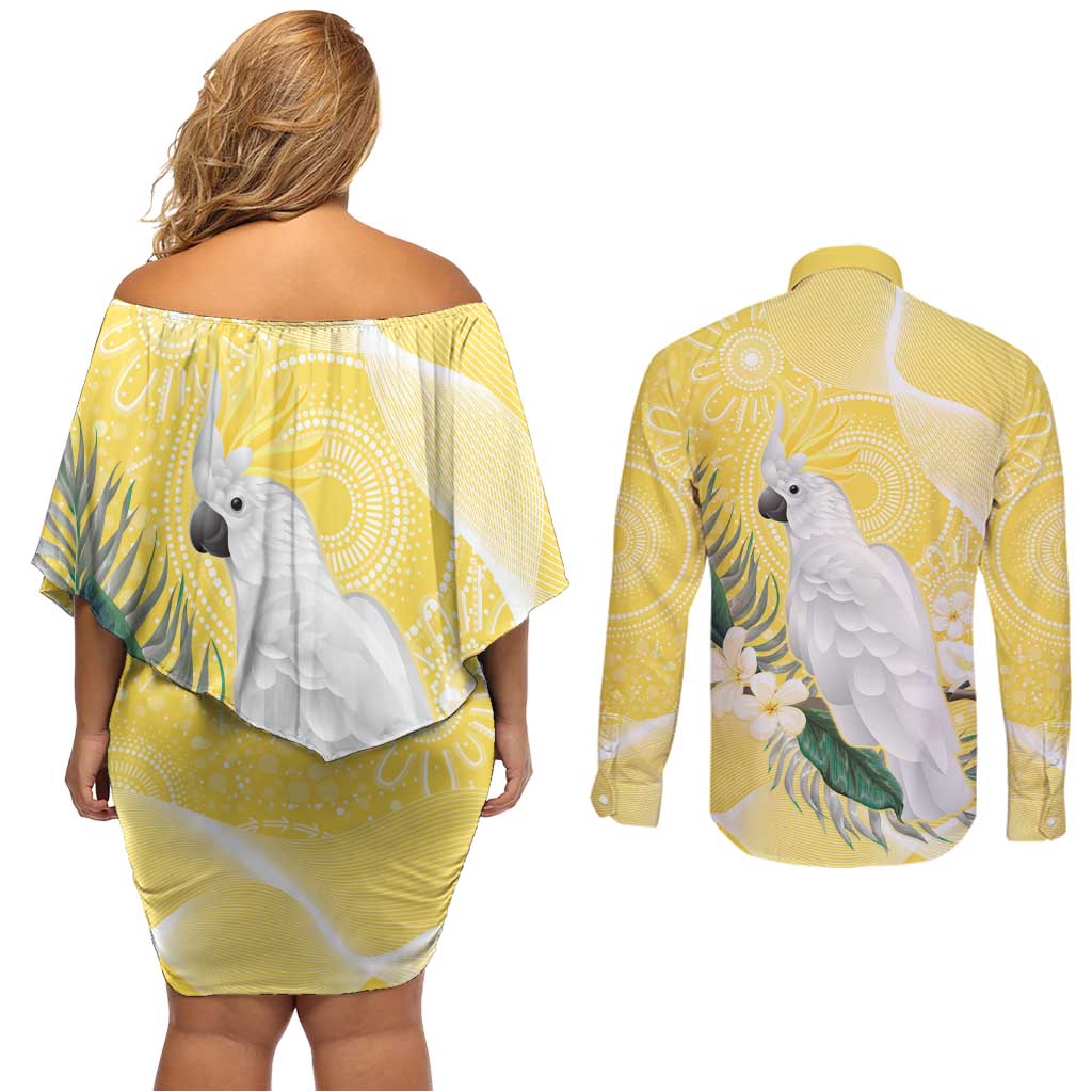 Australia Cacatua Galerita Couples Matching Off Shoulder Short Dress and Long Sleeve Button Shirt Sulphur-Crested Cockatoo - Aboriginal Art