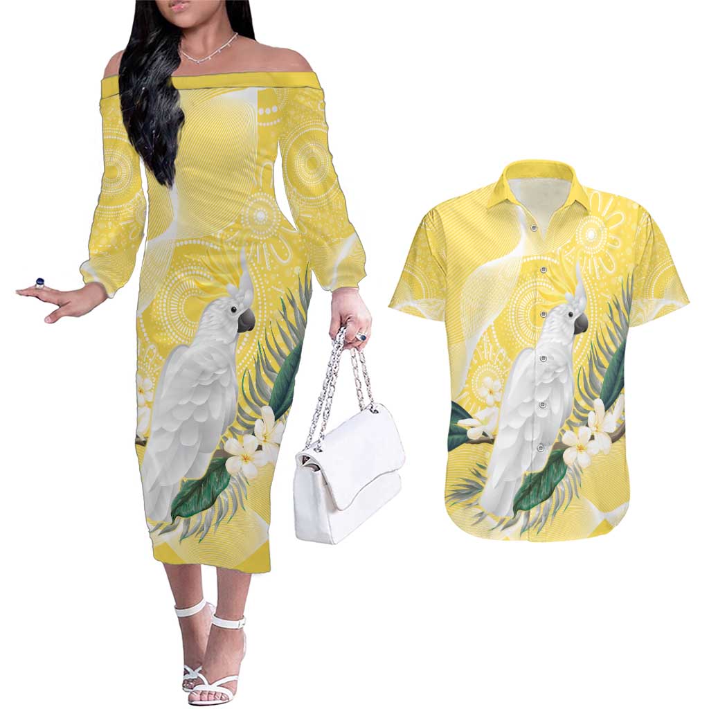 Australia Cacatua Galerita Couples Matching Off The Shoulder Long Sleeve Dress and Hawaiian Shirt Sulphur-Crested Cockatoo - Aboriginal Art