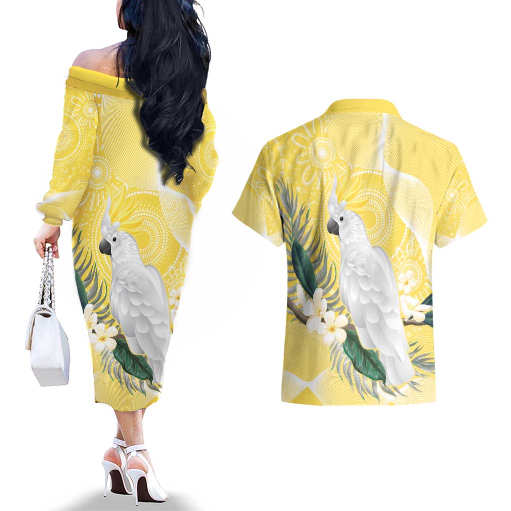 Australia Cacatua Galerita Couples Matching Off The Shoulder Long Sleeve Dress and Hawaiian Shirt Sulphur-Crested Cockatoo - Aboriginal Art