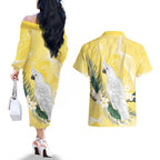 Australia Cacatua Galerita Couples Matching Off The Shoulder Long Sleeve Dress and Hawaiian Shirt Sulphur-Crested Cockatoo - Aboriginal Art