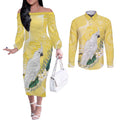 Australia Cacatua Galerita Couples Matching Off The Shoulder Long Sleeve Dress and Long Sleeve Button Shirt Sulphur-Crested Cockatoo - Aboriginal Art