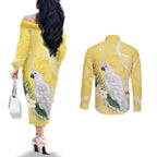 Australia Cacatua Galerita Couples Matching Off The Shoulder Long Sleeve Dress and Long Sleeve Button Shirt Sulphur-Crested Cockatoo - Aboriginal Art