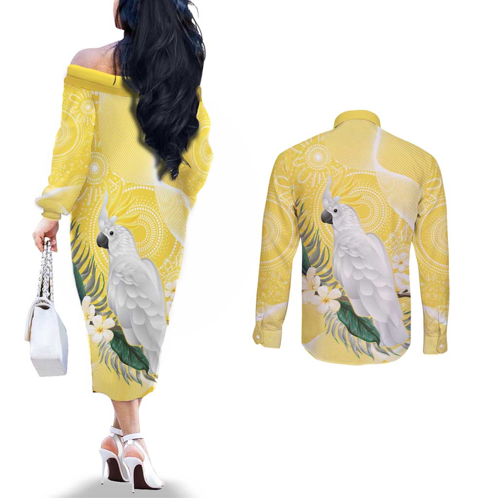 Australia Cacatua Galerita Couples Matching Off The Shoulder Long Sleeve Dress and Long Sleeve Button Shirt Sulphur-Crested Cockatoo - Aboriginal Art