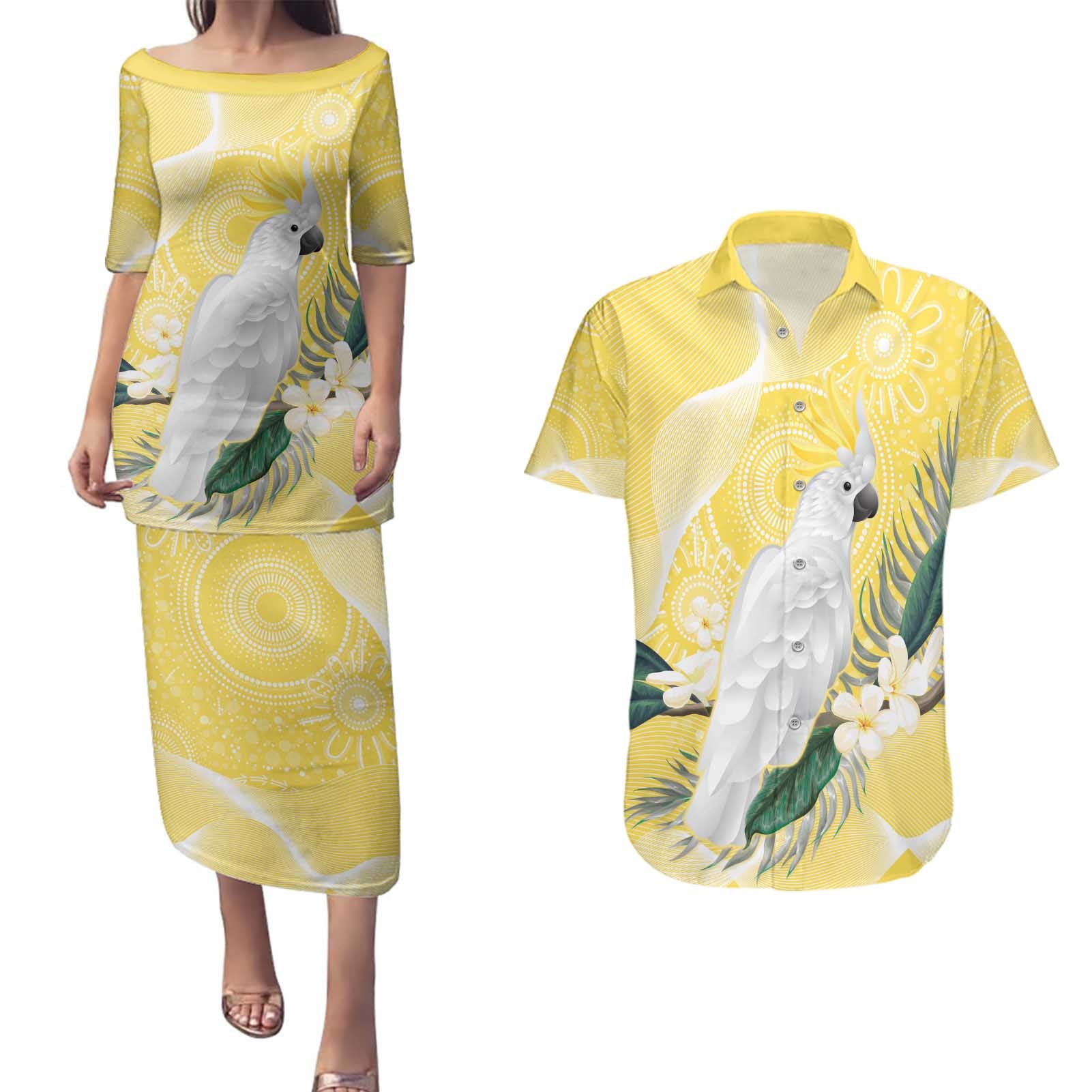 Australia Cacatua Galerita Couples Matching Puletasi and Hawaiian Shirt Sulphur-Crested Cockatoo - Aboriginal Art