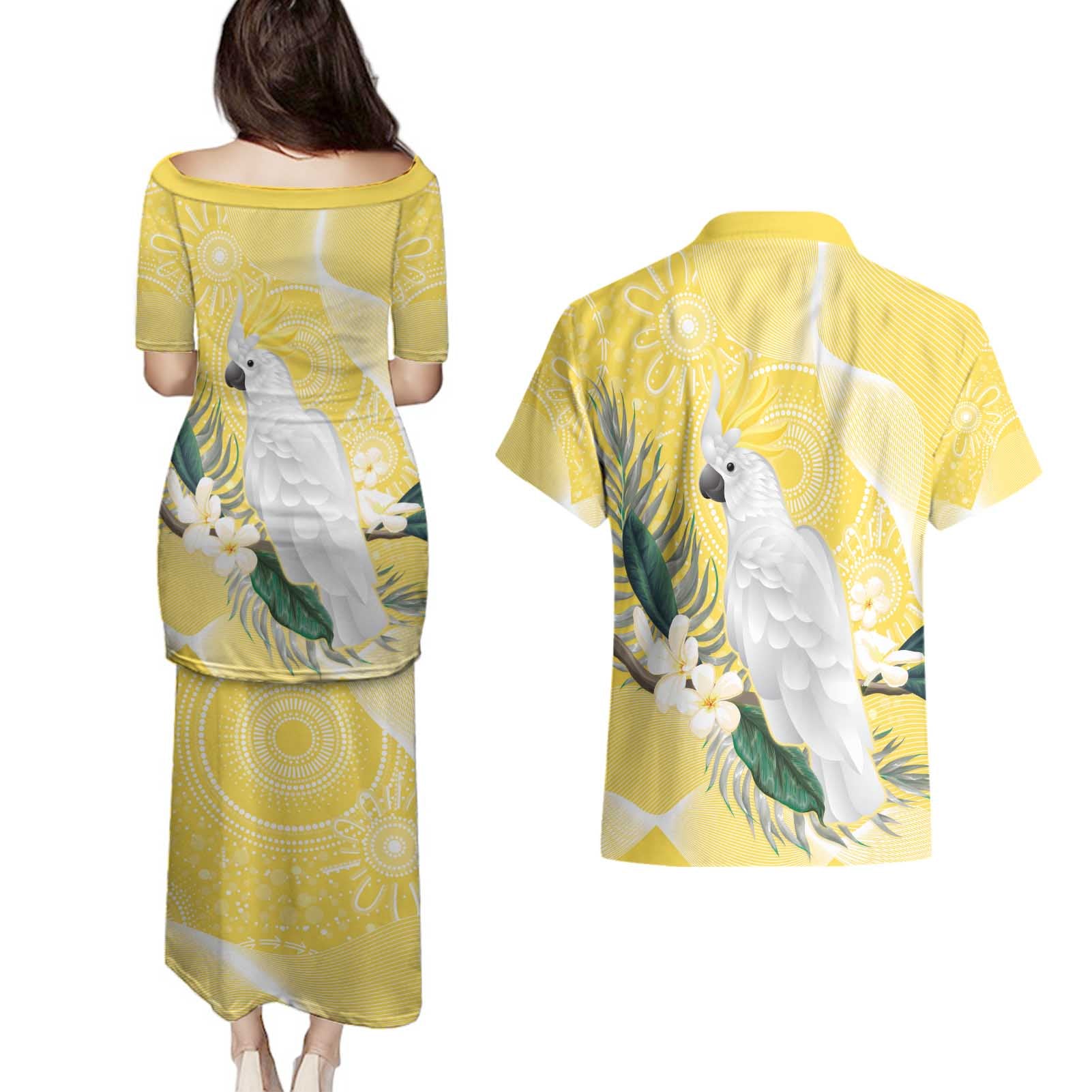 Australia Cacatua Galerita Couples Matching Puletasi and Hawaiian Shirt Sulphur-Crested Cockatoo - Aboriginal Art