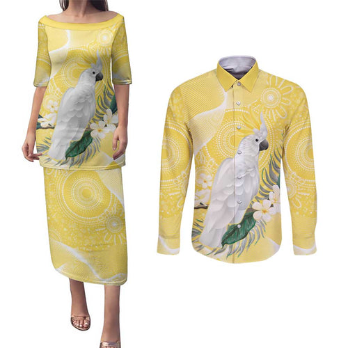 Australia Cacatua Galerita Couples Matching Puletasi and Long Sleeve Button Shirt Sulphur-Crested Cockatoo - Aboriginal Art