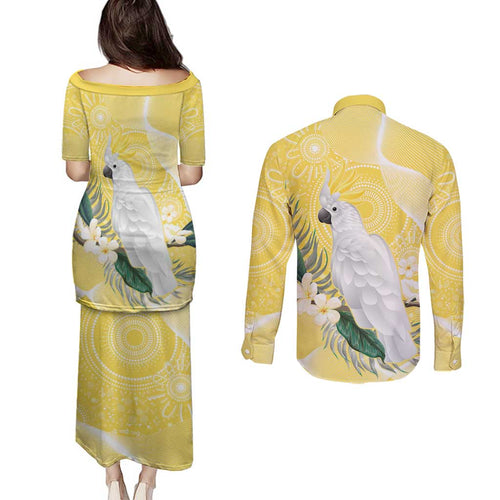 Australia Cacatua Galerita Couples Matching Puletasi and Long Sleeve Button Shirt Sulphur-Crested Cockatoo - Aboriginal Art