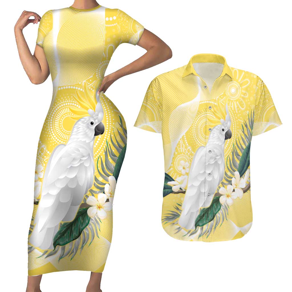Australia Cacatua Galerita Couples Matching Short Sleeve Bodycon Dress and Hawaiian Shirt Sulphur-Crested Cockatoo - Aboriginal Art
