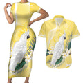 Australia Cacatua Galerita Couples Matching Short Sleeve Bodycon Dress and Hawaiian Shirt Sulphur-Crested Cockatoo - Aboriginal Art