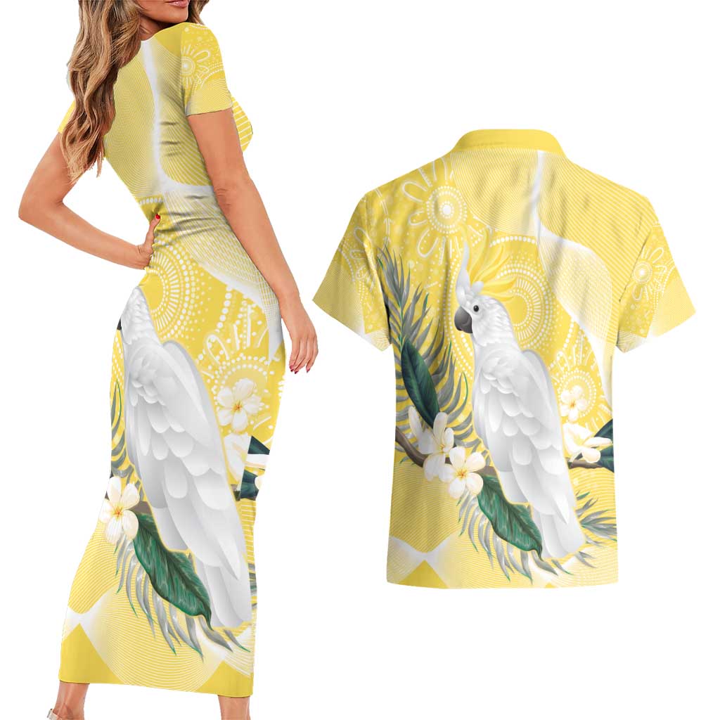 Australia Cacatua Galerita Couples Matching Short Sleeve Bodycon Dress and Hawaiian Shirt Sulphur-Crested Cockatoo - Aboriginal Art
