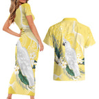 Australia Cacatua Galerita Couples Matching Short Sleeve Bodycon Dress and Hawaiian Shirt Sulphur-Crested Cockatoo - Aboriginal Art