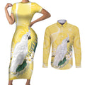 Australia Cacatua Galerita Couples Matching Short Sleeve Bodycon Dress and Long Sleeve Button Shirt Sulphur-Crested Cockatoo - Aboriginal Art