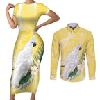 Australia Cacatua Galerita Couples Matching Short Sleeve Bodycon Dress and Long Sleeve Button Shirt Sulphur-Crested Cockatoo - Aboriginal Art