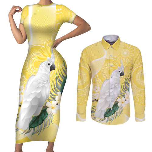 Australia Cacatua Galerita Couples Matching Short Sleeve Bodycon Dress and Long Sleeve Button Shirt Sulphur-Crested Cockatoo - Aboriginal Art