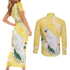 Australia Cacatua Galerita Couples Matching Short Sleeve Bodycon Dress and Long Sleeve Button Shirt Sulphur-Crested Cockatoo - Aboriginal Art