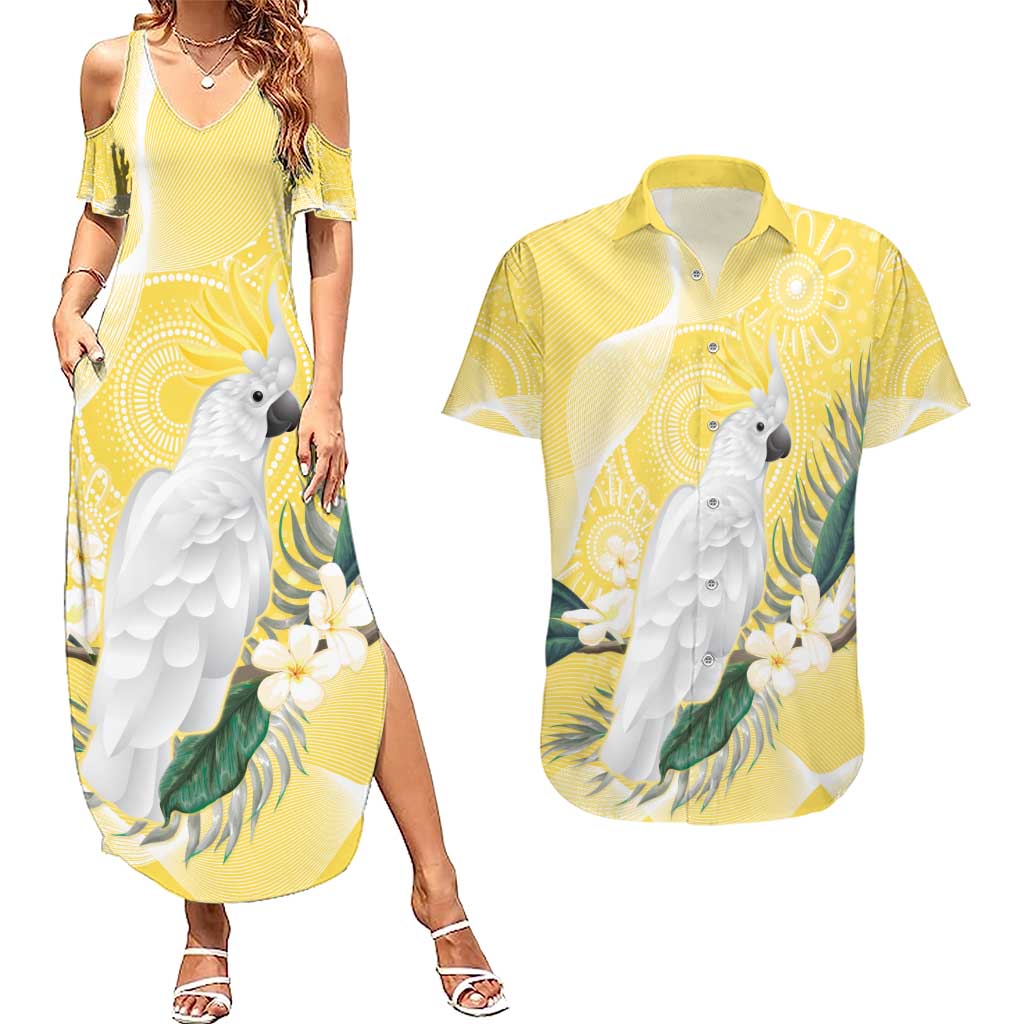 Australia Cacatua Galerita Couples Matching Summer Maxi Dress and Hawaiian Shirt Sulphur-Crested Cockatoo - Aboriginal Art