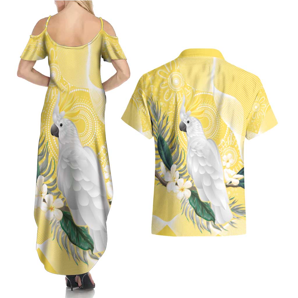 Australia Cacatua Galerita Couples Matching Summer Maxi Dress and Hawaiian Shirt Sulphur-Crested Cockatoo - Aboriginal Art