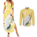 Australia Cacatua Galerita Couples Matching Summer Maxi Dress and Long Sleeve Button Shirt Sulphur-Crested Cockatoo - Aboriginal Art