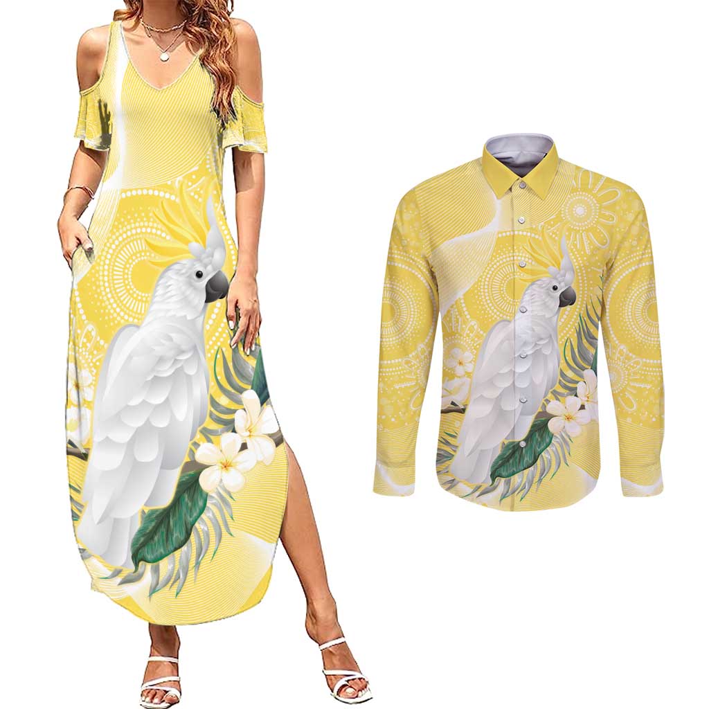 Australia Cacatua Galerita Couples Matching Summer Maxi Dress and Long Sleeve Button Shirt Sulphur-Crested Cockatoo - Aboriginal Art