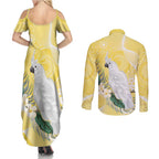 Australia Cacatua Galerita Couples Matching Summer Maxi Dress and Long Sleeve Button Shirt Sulphur-Crested Cockatoo - Aboriginal Art
