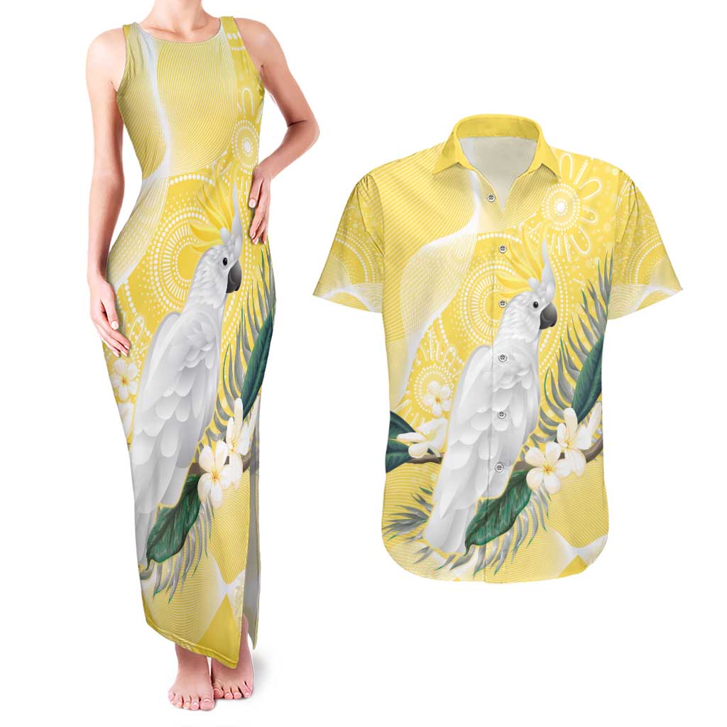 Australia Cacatua Galerita Couples Matching Tank Maxi Dress and Hawaiian Shirt Sulphur-Crested Cockatoo - Aboriginal Art