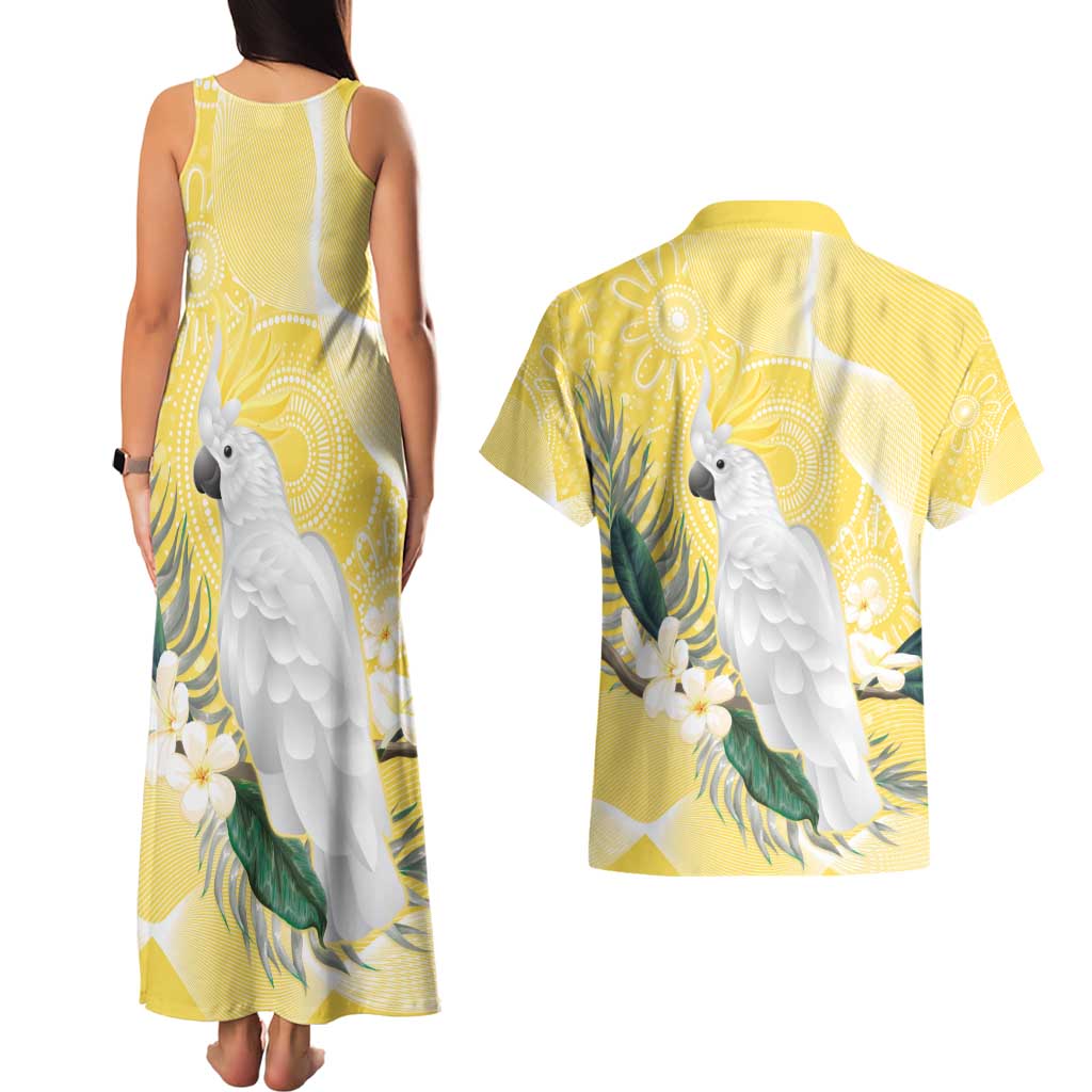 Australia Cacatua Galerita Couples Matching Tank Maxi Dress and Hawaiian Shirt Sulphur-Crested Cockatoo - Aboriginal Art