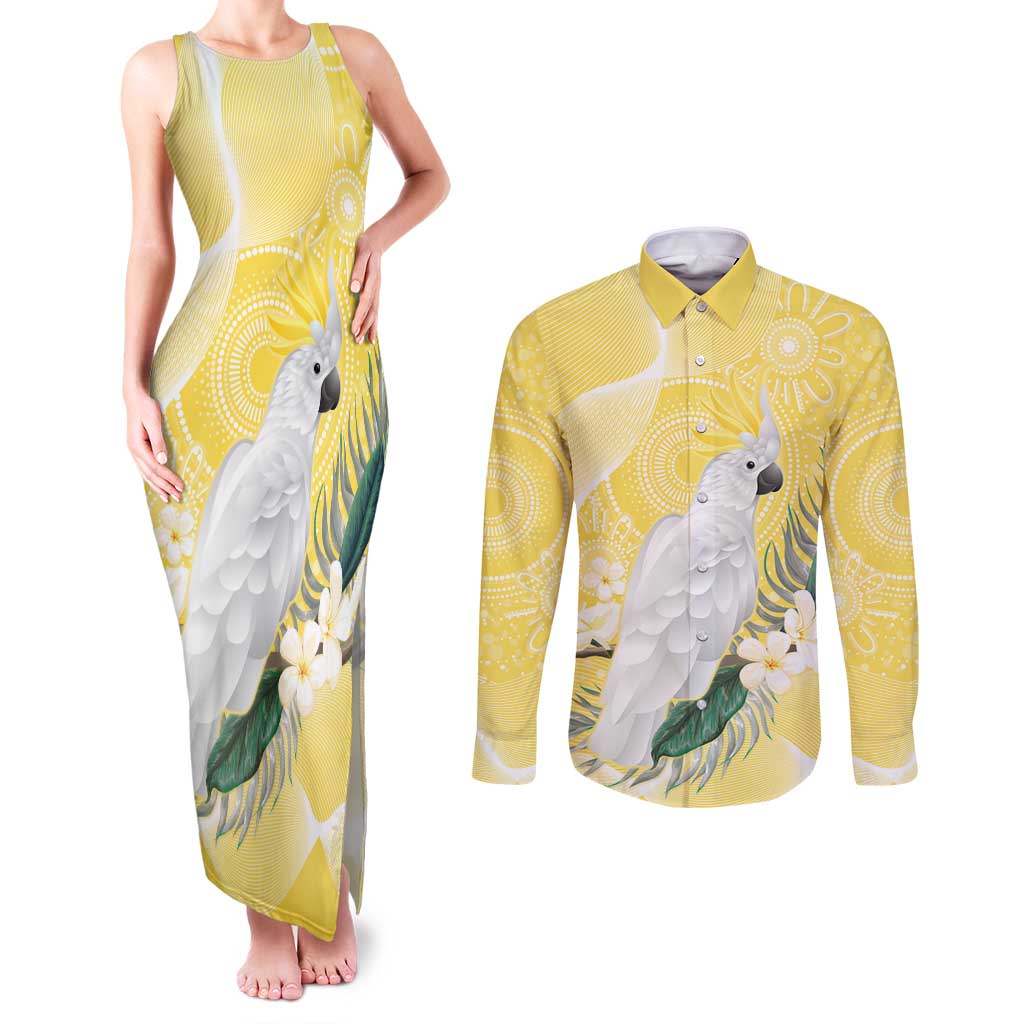 Australia Cacatua Galerita Couples Matching Tank Maxi Dress and Long Sleeve Button Shirt Sulphur-Crested Cockatoo - Aboriginal Art