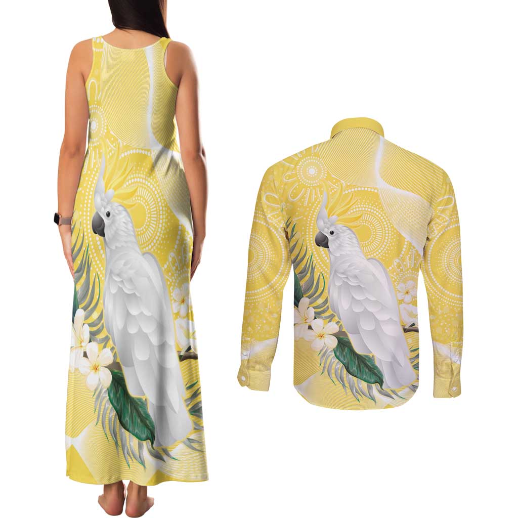 Australia Cacatua Galerita Couples Matching Tank Maxi Dress and Long Sleeve Button Shirt Sulphur-Crested Cockatoo - Aboriginal Art