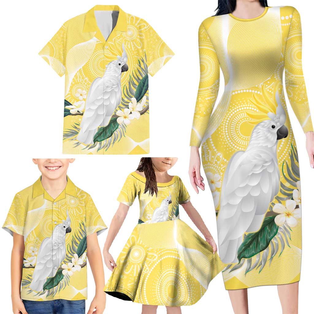 Australia Cacatua Galerita Family Matching Long Sleeve Bodycon Dress and Hawaiian Shirt Sulphur-Crested Cockatoo - Aboriginal Art