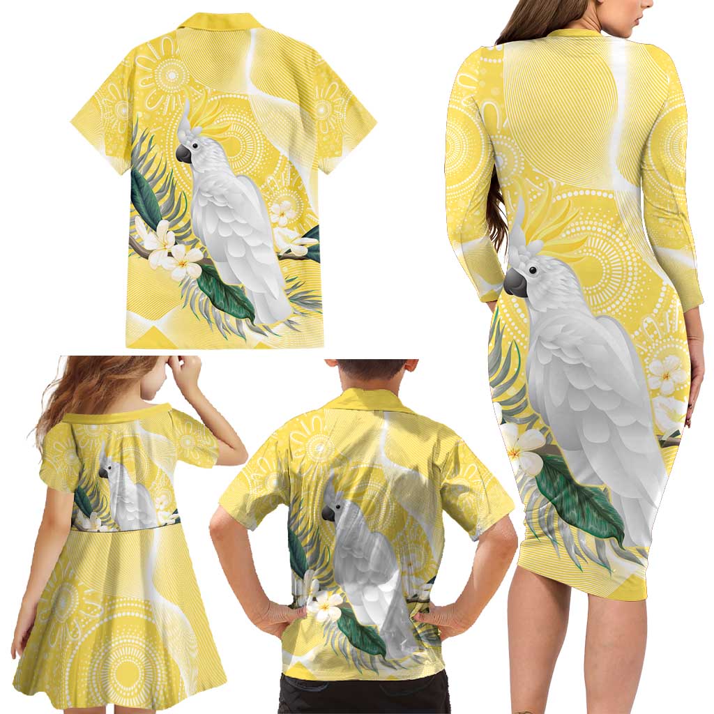 Australia Cacatua Galerita Family Matching Long Sleeve Bodycon Dress and Hawaiian Shirt Sulphur-Crested Cockatoo - Aboriginal Art