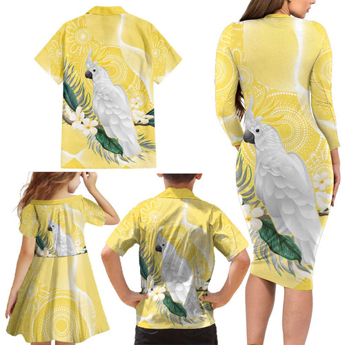 Australia Cacatua Galerita Family Matching Long Sleeve Bodycon Dress and Hawaiian Shirt Sulphur-Crested Cockatoo - Aboriginal Art