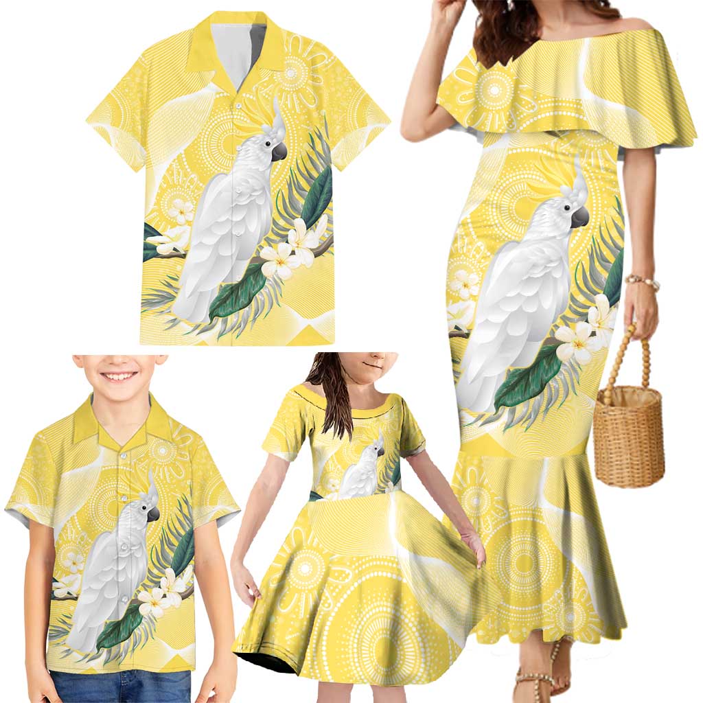 Australia Cacatua Galerita Family Matching Mermaid Dress and Hawaiian Shirt Sulphur-Crested Cockatoo - Aboriginal Art