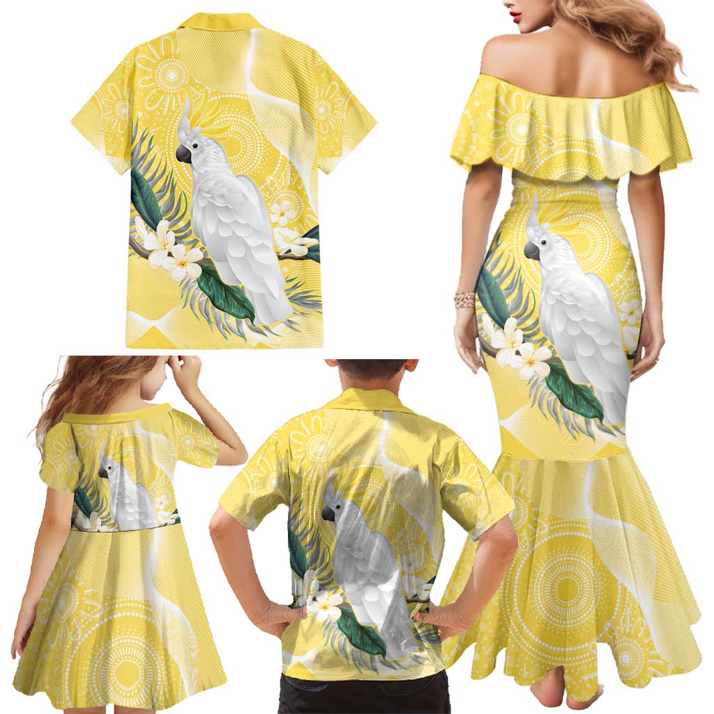 Australia Cacatua Galerita Family Matching Mermaid Dress and Hawaiian Shirt Sulphur-Crested Cockatoo - Aboriginal Art