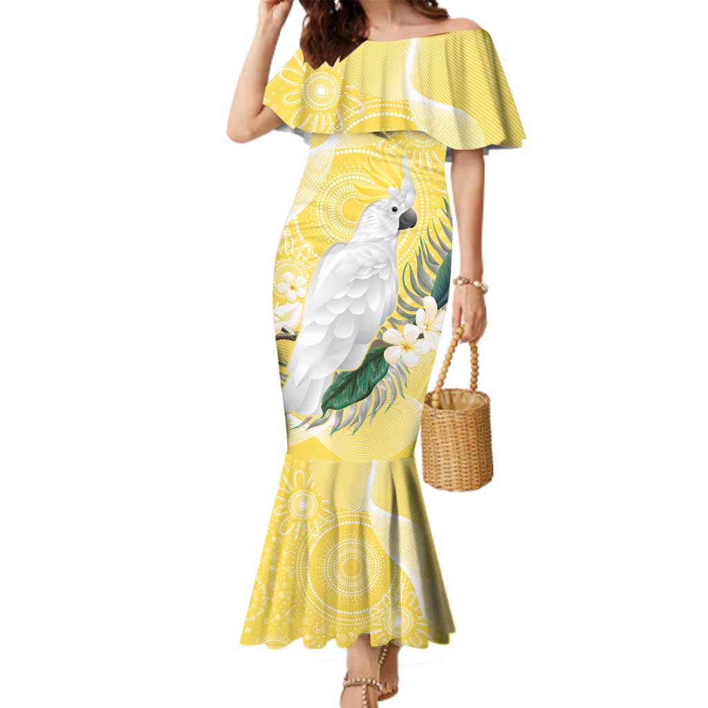 Australia Cacatua Galerita Family Matching Mermaid Dress and Hawaiian Shirt Sulphur-Crested Cockatoo - Aboriginal Art