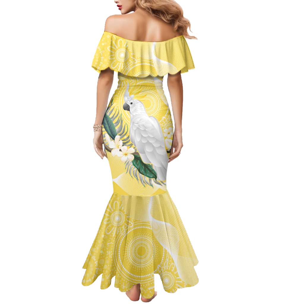 Australia Cacatua Galerita Family Matching Mermaid Dress and Hawaiian Shirt Sulphur-Crested Cockatoo - Aboriginal Art