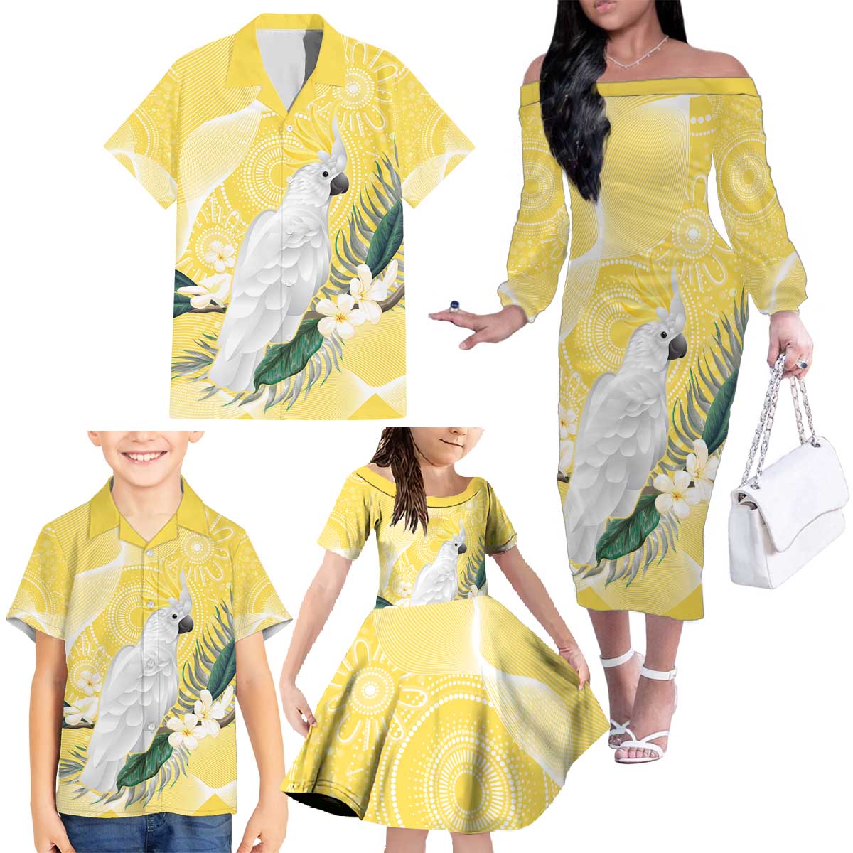 Australia Cacatua Galerita Family Matching Off The Shoulder Long Sleeve Dress and Hawaiian Shirt Sulphur-Crested Cockatoo - Aboriginal Art