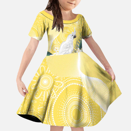 Australia Cacatua Galerita Family Matching Off The Shoulder Long Sleeve Dress and Hawaiian Shirt Sulphur-Crested Cockatoo - Aboriginal Art