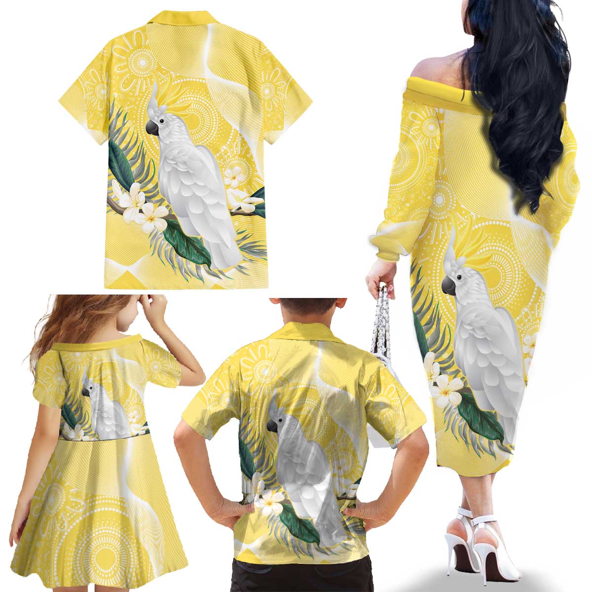 Australia Cacatua Galerita Family Matching Off The Shoulder Long Sleeve Dress and Hawaiian Shirt Sulphur-Crested Cockatoo - Aboriginal Art
