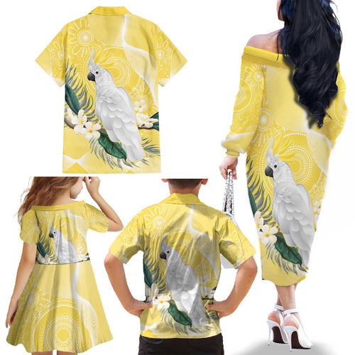 Australia Cacatua Galerita Family Matching Off The Shoulder Long Sleeve Dress and Hawaiian Shirt Sulphur-Crested Cockatoo - Aboriginal Art