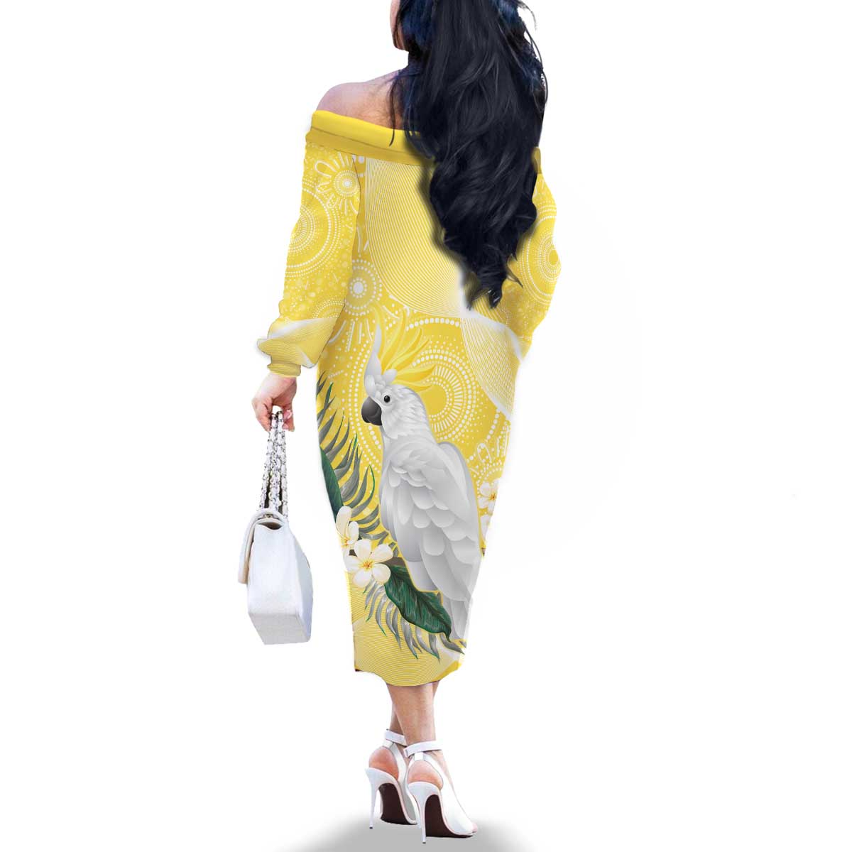 Australia Cacatua Galerita Family Matching Off The Shoulder Long Sleeve Dress and Hawaiian Shirt Sulphur-Crested Cockatoo - Aboriginal Art