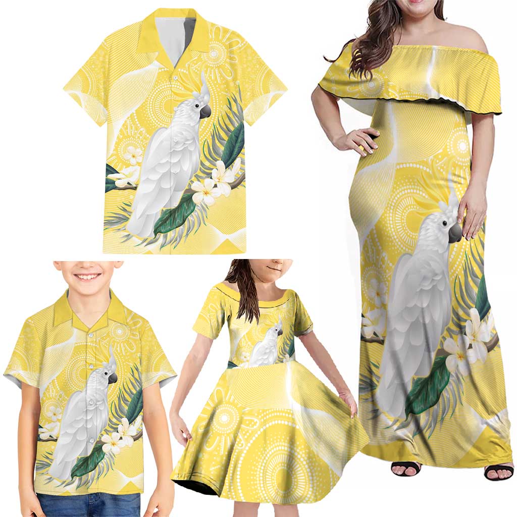 Australia Cacatua Galerita Family Matching Off Shoulder Maxi Dress and Hawaiian Shirt Sulphur-Crested Cockatoo - Aboriginal Art