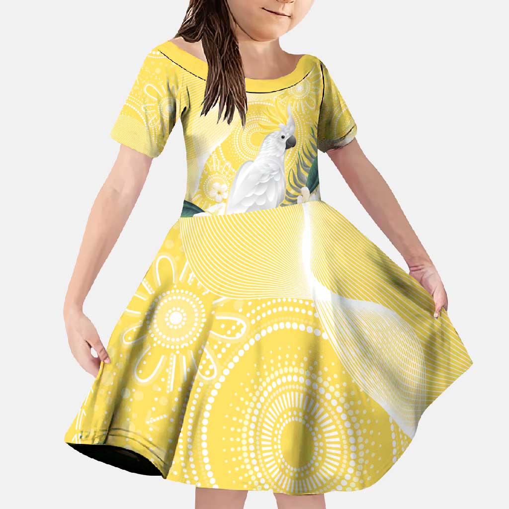 Australia Cacatua Galerita Family Matching Off Shoulder Maxi Dress and Hawaiian Shirt Sulphur-Crested Cockatoo - Aboriginal Art