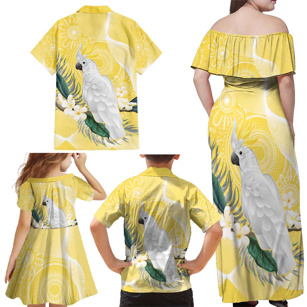 Australia Cacatua Galerita Family Matching Off Shoulder Maxi Dress and Hawaiian Shirt Sulphur-Crested Cockatoo - Aboriginal Art