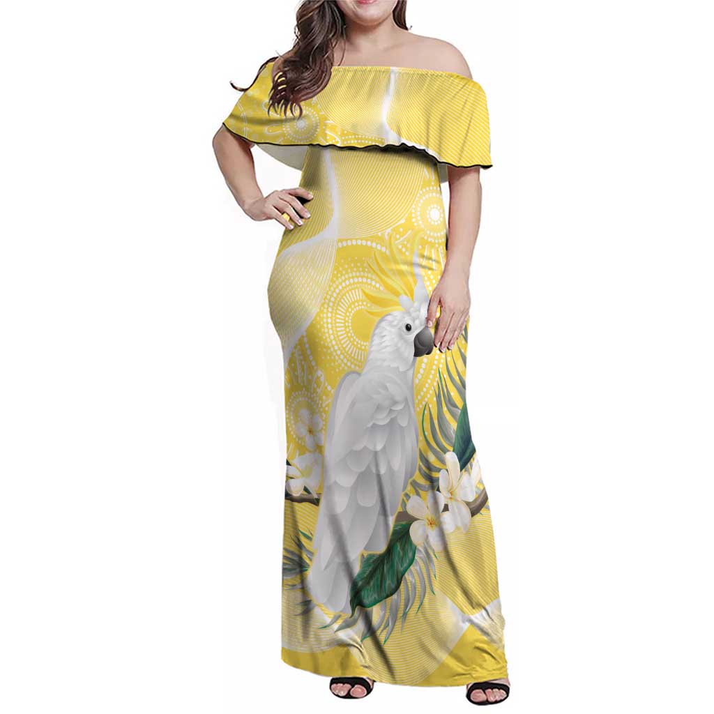 Australia Cacatua Galerita Family Matching Off Shoulder Maxi Dress and Hawaiian Shirt Sulphur-Crested Cockatoo - Aboriginal Art