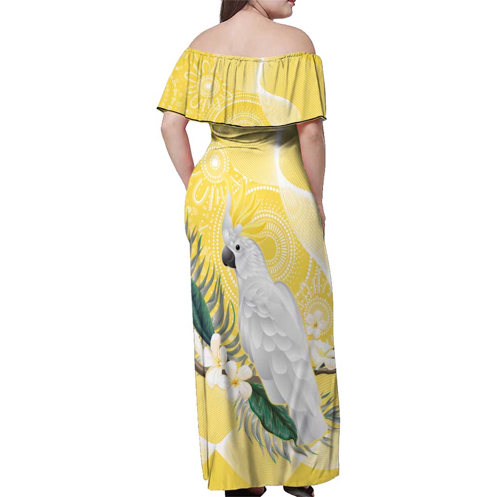 Australia Cacatua Galerita Family Matching Off Shoulder Maxi Dress and Hawaiian Shirt Sulphur-Crested Cockatoo - Aboriginal Art