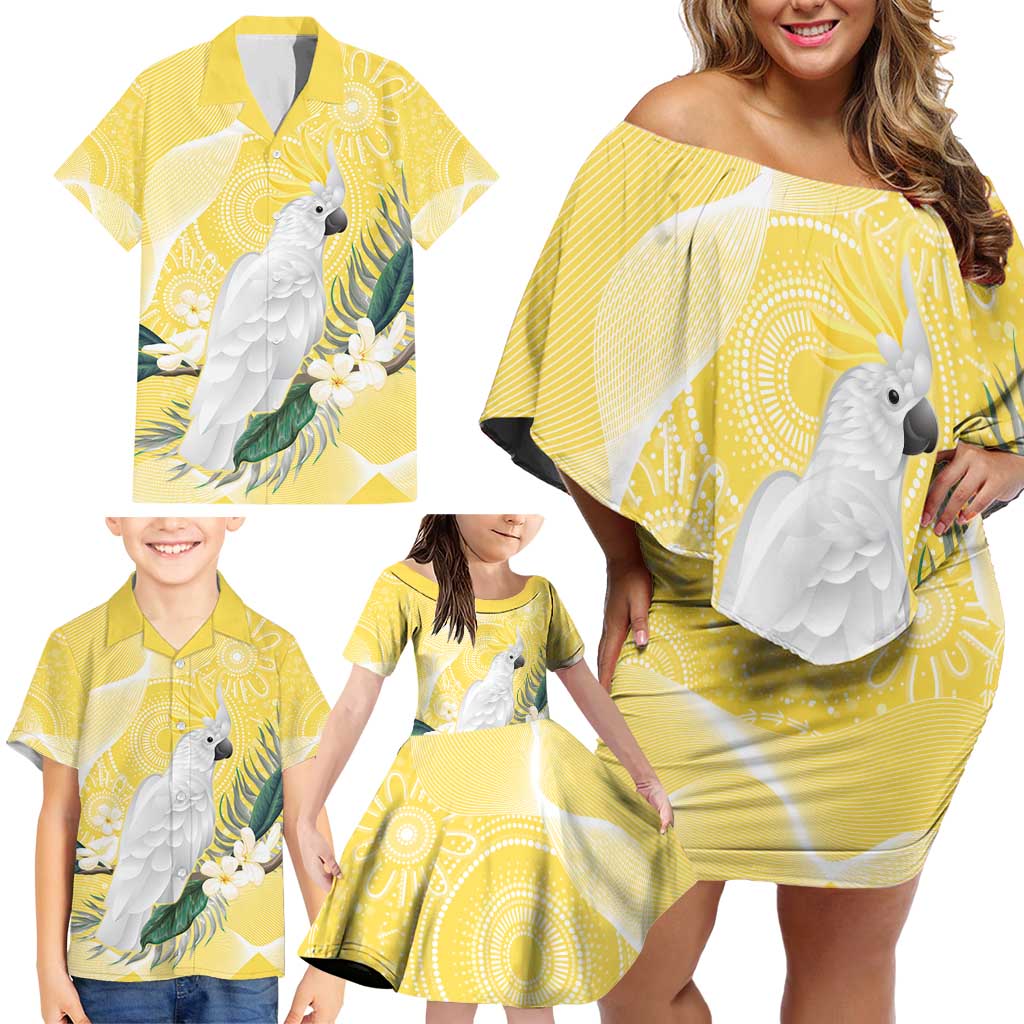 Australia Cacatua Galerita Family Matching Off Shoulder Short Dress and Hawaiian Shirt Sulphur-Crested Cockatoo - Aboriginal Art