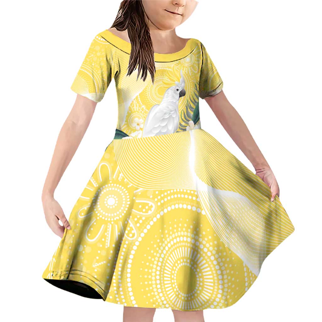 Australia Cacatua Galerita Family Matching Off Shoulder Short Dress and Hawaiian Shirt Sulphur-Crested Cockatoo - Aboriginal Art