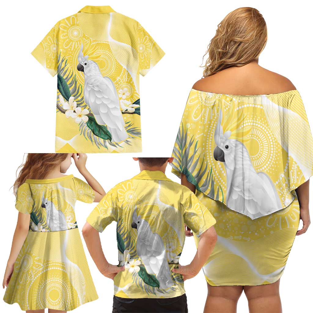 Australia Cacatua Galerita Family Matching Off Shoulder Short Dress and Hawaiian Shirt Sulphur-Crested Cockatoo - Aboriginal Art