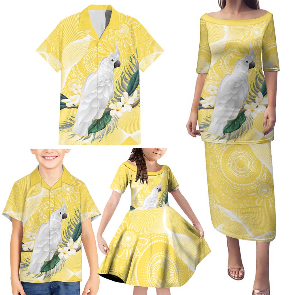 Australia Cacatua Galerita Family Matching Puletasi and Hawaiian Shirt Sulphur-Crested Cockatoo - Aboriginal Art